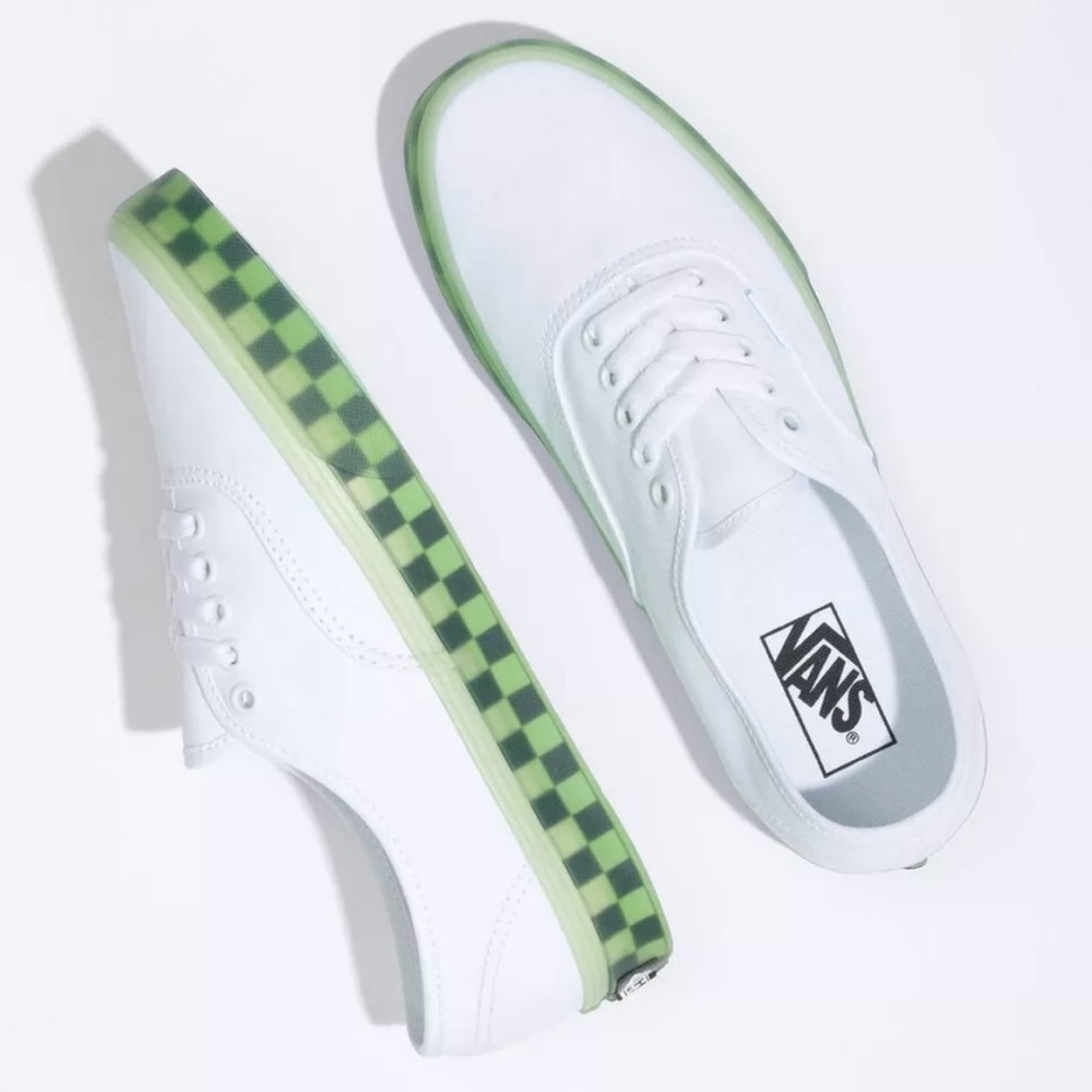 Vans White Canvas Sneakers with Green Checkerboard Sole
